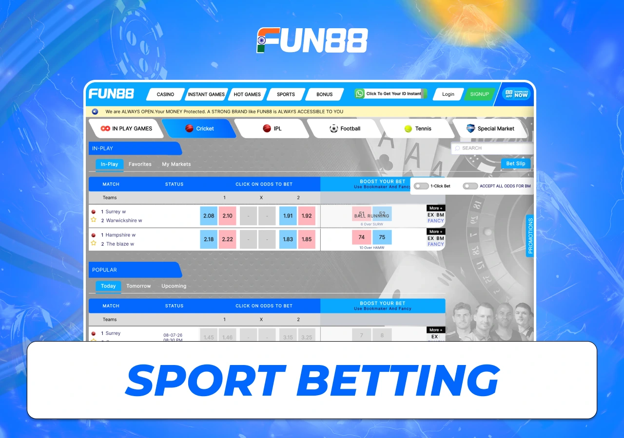 Sports betting markets at Fun88 covering cricket, football and other major events
